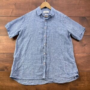 Europann Saint-Tropez Mens Blue Linen Short Sleeve Button Down Shirt Size 3 (L)